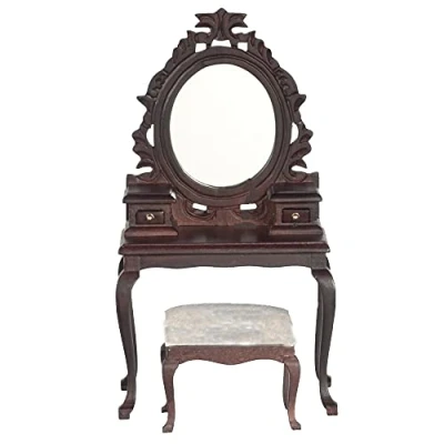 Image of Dolls House Mahogany Vanity Dressing Table &amp; Stool Miniature Bedroom Furniture