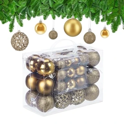 Image of Relaxdays Christmas Bauble Set of 50, Glittery, Matt &amp; Shiny Ornaments, Plastic Xmas Tree Balls, Ø: 3, 4 6 cm, Gold