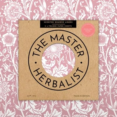 Image of The Master Herbalist Fragrant ROSE Scented Drawer Liners in a PINK William Morris Design Pack of 5 Sheets (FOLDED) Contains Essential Oil Made UK