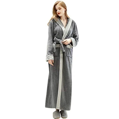 Image of Ladies Hooded Fleece Dressing Gown Terry Towel Bathrobes Shawl Bath Wrap Highly Absorbent Dark Grey L