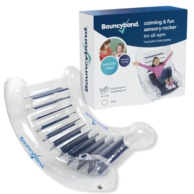 Image of Bouncyband Inflatable Rocking Chair Maximum Load 300 lbs Sensory Rocker Transparent for Deep Pressure and Calming By Playlearn Includes Air Pump Kit