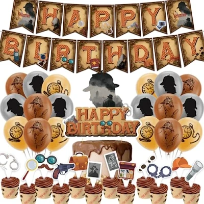 Image of Detective Birthday Decorations Party Accessories Includes Happy Banner Cake Topper Cupcake Toppers Balloons for 1920s