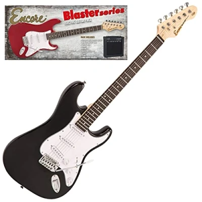 Image of Encore Blaster E60 Electric Guitar Pack Gloss Black Includes Guitar, Bag, Strap, Tuner, Amp and Accessories Double Cutaway Solid Body Online Lessons Included Perfect Beginner