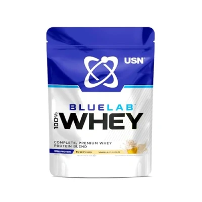 Image of USN Blue Lab Whey Protein Powder, Vanilla Flavour 476g (14 Servings), Premium Isolate Dietary Supplement, Post Workout Lean Muscle Growth BCAA Amino Acids Powder
