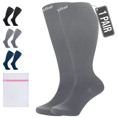 Image of 360 RELIEF 1 Pair Plus Size Flight Compression Socks for Women &amp; Men, Supports Blood Circulation, Travel, Edema, Diabetic, Varicose Veins, Pregnancy, Nurses, 4XL, Grey + Laundry Bag