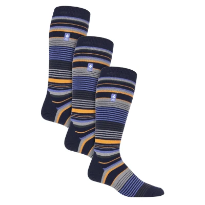 Image of HEAT HOLDERS 3 Pair Multipack Ultra Lite Mens Ski Socks Funky Patterned Striped Knee High (6 11, Dark Blue Stripe)