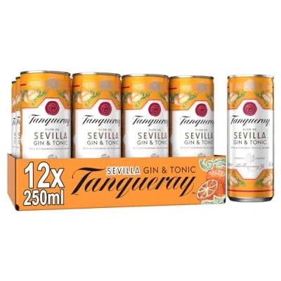 Image of Tanqueray Flor de Sevilla Gin &amp; Tonic 6.5% vol 12 x 250ml Ready to Drink Cans Bittersweet Taste of Seville Oranges London Dry Mixed with