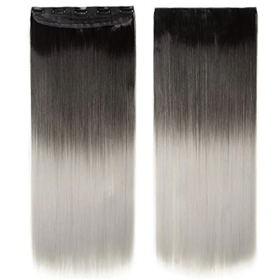 Image of 25&quot;/63CM One Piece Clip In Hair Extensions Ombre Straight Hairpieces 5 Clips Silky Synthetic Dark Black to Silver Grey(Weight:120g)