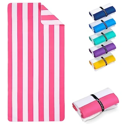 Image of Fit Flip microfibre beach towel large lightweight, compact and super absorbent sand free quick dry towel, 100% recycled travel white pink stripes 200x90cm