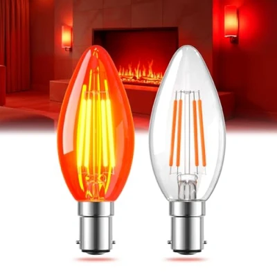 Image of Bonlux Red Light Bulbs, 4W LED B15 Candle Small Bayonet Cap, 40W Equivalent, Clear Glass Fireglow Bulb for Electric Fire, Sleep, Christmas, Halloween 2 Pack
