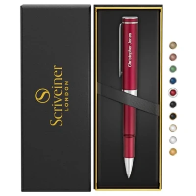 Image of Scriveiner Personalised Red Rollerball EDC Pen, Stunning Pocket Pen with Chrome Finish, Cool Writing Best Gift, Engraved Roller Ball Gift Set for Men &amp; Women, Custom Name Engraving