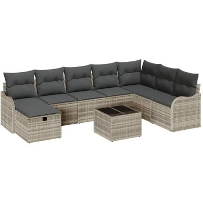 Image of vidaXL 9 Piece Garden Sofa Set with Cushions Light Grey Poly Rattan