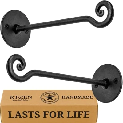 Image of RTZEN Plant Hanger Swirl Hook Hand Forged Heavy Duty Wrought Iron Wall Decor Indoor or Outdoor Swirly Hanging Bracket for Bird Feeders Lanterns Baskets and Wind Chimes 2 Pack
