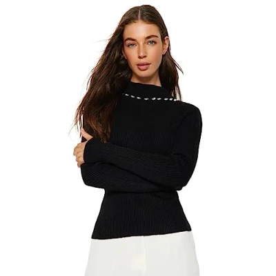 Image of Trendyol FeMan Slim fit Basic Standing Collar Knitwear Sweater,Black,M