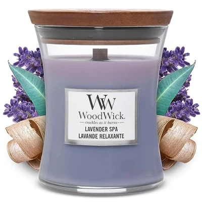 Image of WoodWick Medium Hourglass Scented Candle Lavender Spa with Crackling Wick Burn Time: Up to 60 Hours