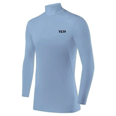 Image of TCA Men&#039;s HyperFusion Compression Base Layer Top Long Sleeve Under Shirt Mock Neck Ice Blue Mock, S