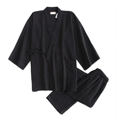 Image of thefancypumpkin Men&#039;s Japanese Style Cotton Kimono Pajamas Suit Dressing Gown Set[Black,M]