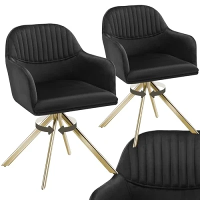 Image of TecTake® Set of 2 Velvet Dining Chairs with 360 Swivel Function, Thickly Padded Armchairs Stable Steel Legs, Non Slip Caps &amp; Quick Assembly Ideal Kitchen, Bedroom Desk Black/Gold