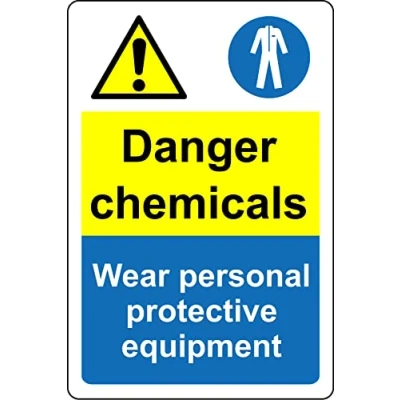 Image of Danger chemicals wear personal protective equipment Safety sign Self adhesive sticker (300mm x 200mm)