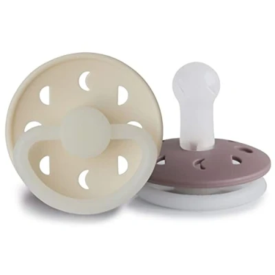 Image of FRIGG Moon Phase Night Silicone Pacifier Pack of 2 Soother Glow BPA Free Made in Denmark Symmetrical Cherry Shaped Nipple (Cream Night/Twilight Mauve (6 18 Months))