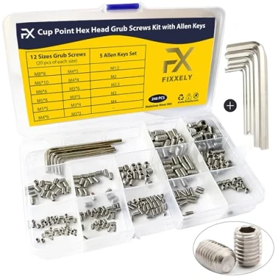 Image of FIXXELY Grub Screws Assorted Set of 240 (M3,M4,M5,M6,M8) Cup Point &amp; Hex Head with 5 Allen Key (M1.5,M2,M2.5,M3,M4) 304 Stainless Steel Sizes Ideal for Door Handle, Home Repairs Fixtures