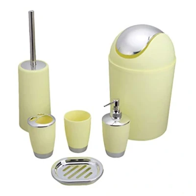 Image of MisFox 6 Pieces Bathroom Accessory Set, Modern Stylish Design Solid Color Toilet Accessories Set Include Lotion Dispenser, Trash Can, Toothbrush Holder, Tooth Mug, Brush &amp; Soap Dish Yellow