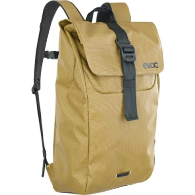 Image of EVOC DUFFLE Backpack 16 for everyday and on the go (waterproof, 100% PVC free, lid with aluminium hook closure, side compartment laptop, detachable chest strap), Curry/Black