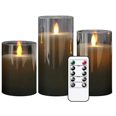 Image of Eldnacele Gray Glass flameless Candles Flickering with Remote, Moving Wick Battery Operated Realistic Warm Light Candle, Set of 3 (D3&#039;&#039; x H4&#039;&#039;/5&#039;&#039;/6&#039;&#039;), for Party Wedding Festival Tabletop Decoration