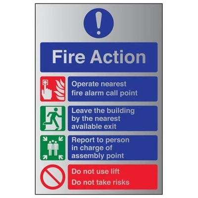 Image of V Safety General Fire Action Prohibition/Safe Lifts Sign 200mm x 300mm Self Adhesive Alu Effect