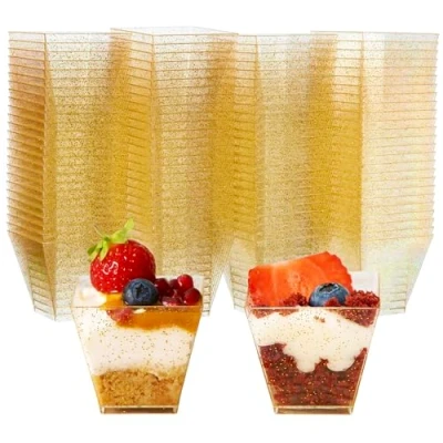 Image of MATANA 200 Mini Hard Plastic Dessert Cups with Gold Glitter for Parties (Square 60ml) Elegant &amp; Reusable Pots Cheesecake, Jelly, Puddings, Mousse, Tiramisu, Trifles