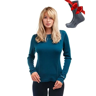 Image of Merino.tech Merino Wool Base Layer Women 100% Midweight Long Sleeve Thermal Shirts + Socks (X Small, 250 Deep Teal)