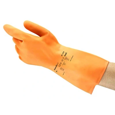 Image of Ansell VersaTouch 87 370 Natural rubber latex gloves, chemical &amp; liquid protection, Orange, Size 8.5 (Pack of 12 pairs)