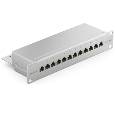 Image of deleyCON CAT6a 12 Port Network Panel Desktop 10 Inch Rack Integration Server Mounting Shielded 12x RJ45 Ports TIA568A TIA568B Light Gray
