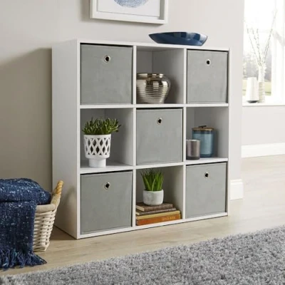 Image of Home Source Storage 9 Shelf Bookcase Wooden Display Unit, Grey, White, Cube
