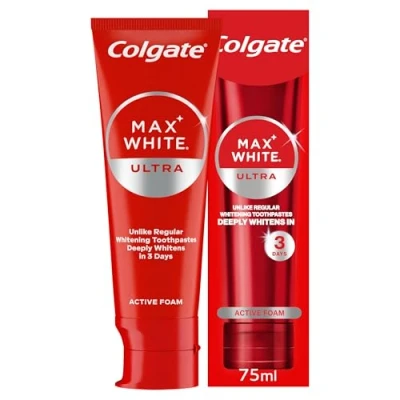 Image of Colgate Max White Ultra Active Foam teeth whitening toothpaste 75ml whiter in 3 days* enamel safe for daily use removes deep stains* fluoride clinically proven