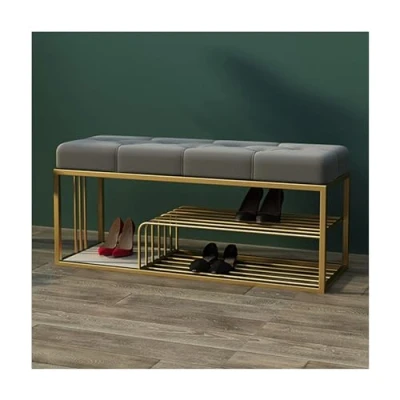 Image of MARIYCH Shoe Storage Bench with Velvet Seat Cushion, 3 Tier Entryway Hallway Bench, Upholstered Rack Gold Metal Frame
