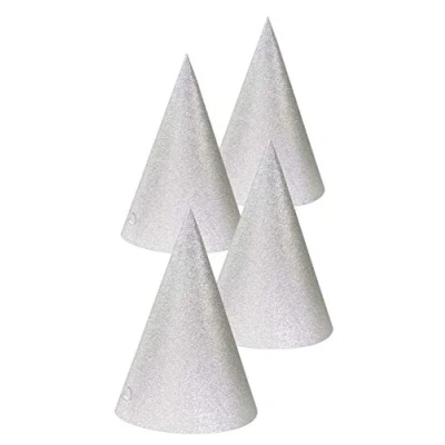 Image of Folat 65783 Silver Glitter Party Hats 16 cm Pack of 4 Unisex Adult,