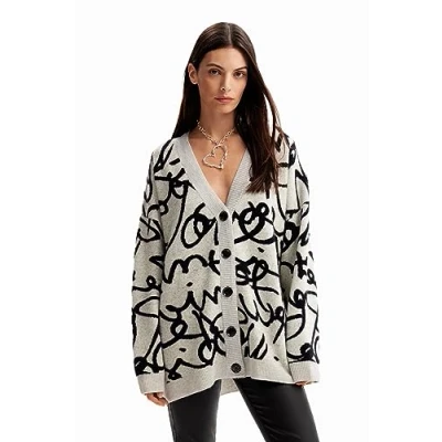 Image of Desigual Lettering Oversized Monochrome Cosy Cardigan 23WWJF40 White