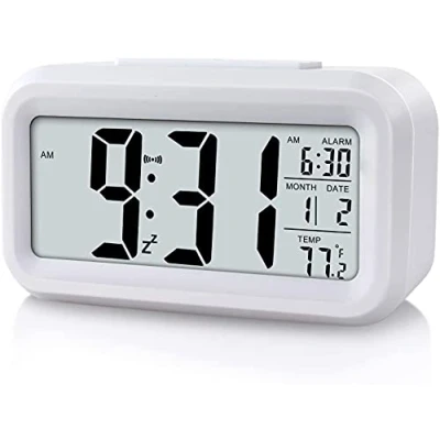 Image of TOSSPER Alarm Clock LED Display Digital Clock, The for Kids, Bedside Snooze Night Light Battery with Date Calendar Temperature Home Office Travel (White)