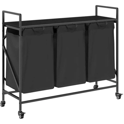 Image of vidaXL Laundry Basket 3 Compartments with Wheels Black Oak