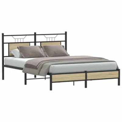 Image of vidaXL Sonoma Oak King Size Bed Frame 150x200 cm Double with Engineered Wood Modern Bedroom Furniture Plywood Slats