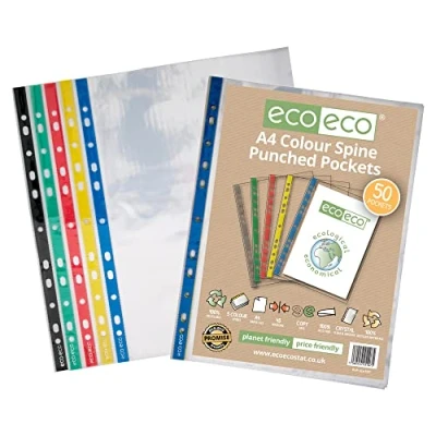 Image of eco A4 100% Recycled Coloured Spine Multi Punched Pockets Glass Clear, Transparent Poly Wallet Sheet Protector, 45 Microns (Pack of 50), eco107 50