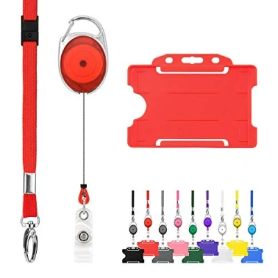 Image of Retractable Lanyard and Badge Holder Trio Triple Pack by LanyardsTomorrow Set Includes A Single Plain Lanyard, Extendable Carabiner Yoyo Reel Clip Rigid ID Card (Red)
