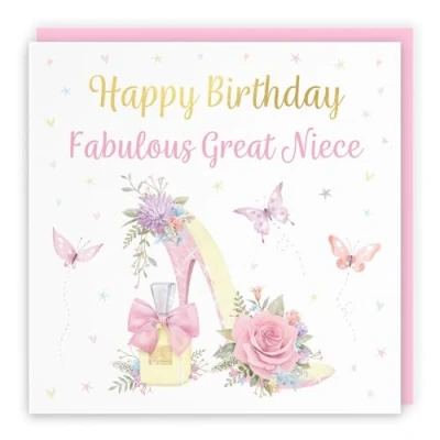 Image of Hunts England Great Niece High Heel And Perfume Pretty Birthday Card Luxury Gold Foil Milo&#039;s Gallery Butterflies, Flowers, Hearts Female For