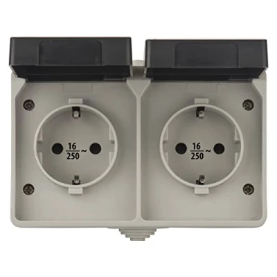 Image of EMOS 2 Way Protective Contact Socket with Hinged Lids, Surface Mounted for Wall Mounting, Suitable Wet Rooms and Outdoor Use, 250 V / 16 A Max. Protection Class IP44/IP54, Schuko, Plastic