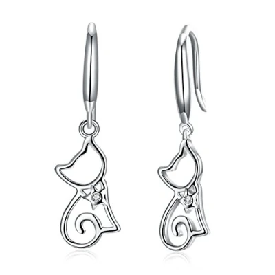 Image of Belons Womens Earrings 925 Sterling Silver Cubic Zirconia Cat Drop Kitten Dangles for Ladies Girls, Silver/Champaign Gold