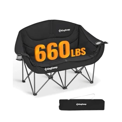 Image of KingCamp Double Camping Chairs for Adults Heavy Duty Chair 2 Seater with Cup Holder and Armrest Oversize Folding Garden Picnic Fishing Festival Football Concert Dark Black