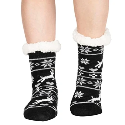 Image of Polar Womens Slipper Socks Soft Fleece Lined With Sole Grips Gift Packaging Snuggly Present For Her Insulated Warm Fluffy Sherpa Lining Reindeer Black/Light Grey UK 5/6