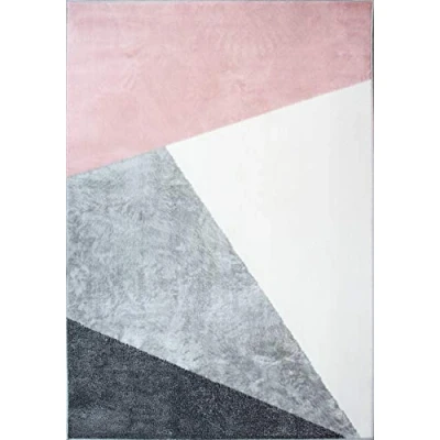 Image of Luxury Modern Blush Pink and Grey Block Rug Durable Plush Abstract Geometric Affordable Silver White Living Room Area Bedroom Hallway Rugs 60cm X 110cm