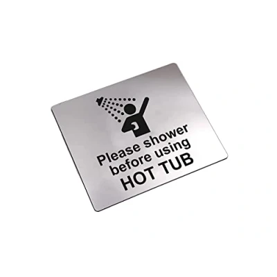 Image of Please Shower Before Using Hot Tub Sign Waterproof Adhesive Sticker Notice, Silver/Gold/Blue Engraved with Universal Icon Symbol and Text (Size 12cm x 10cm) (Silver)